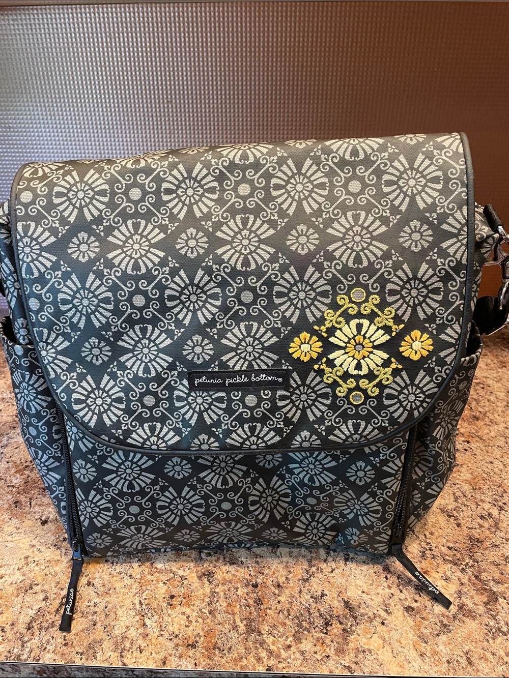 Petunia Pickle Bottom Gray Patterned Messenger Bag with Yellow Floral Accent